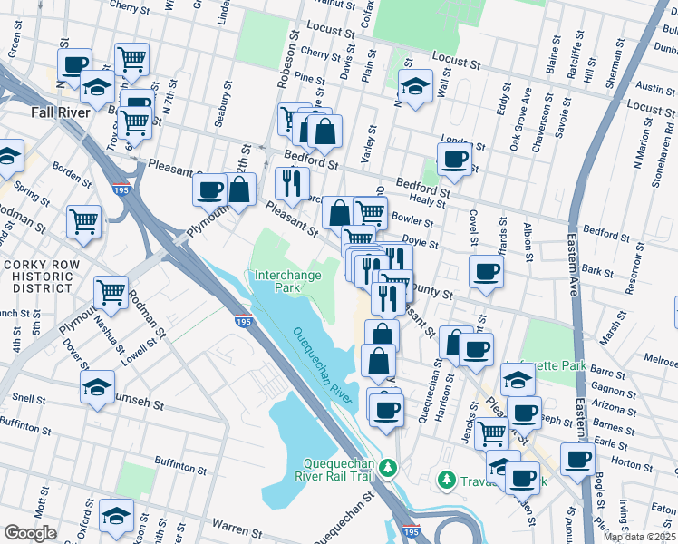map of restaurants, bars, coffee shops, grocery stores, and more near 867 Pleasant Street in Fall River