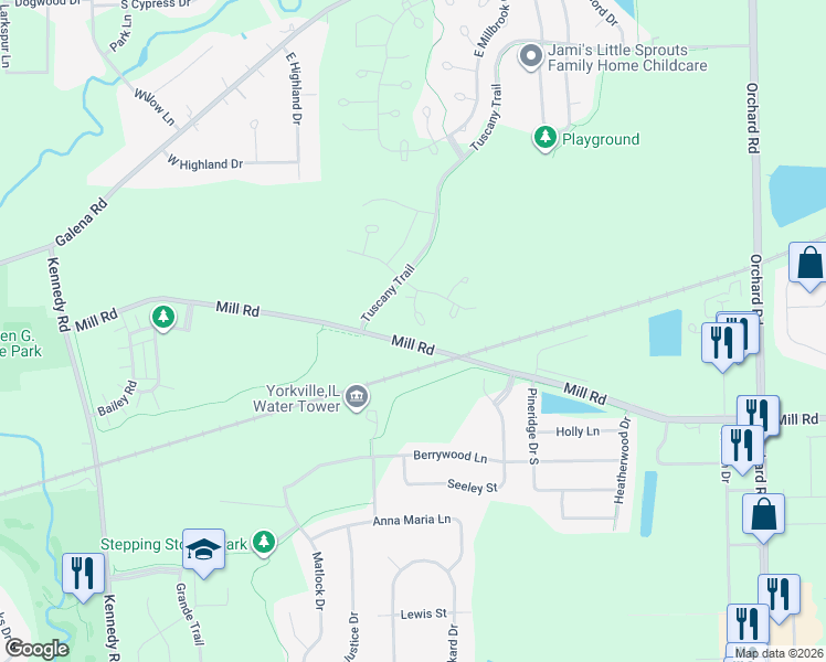 map of restaurants, bars, coffee shops, grocery stores, and more near 3935 Havenhill Court in Yorkville
