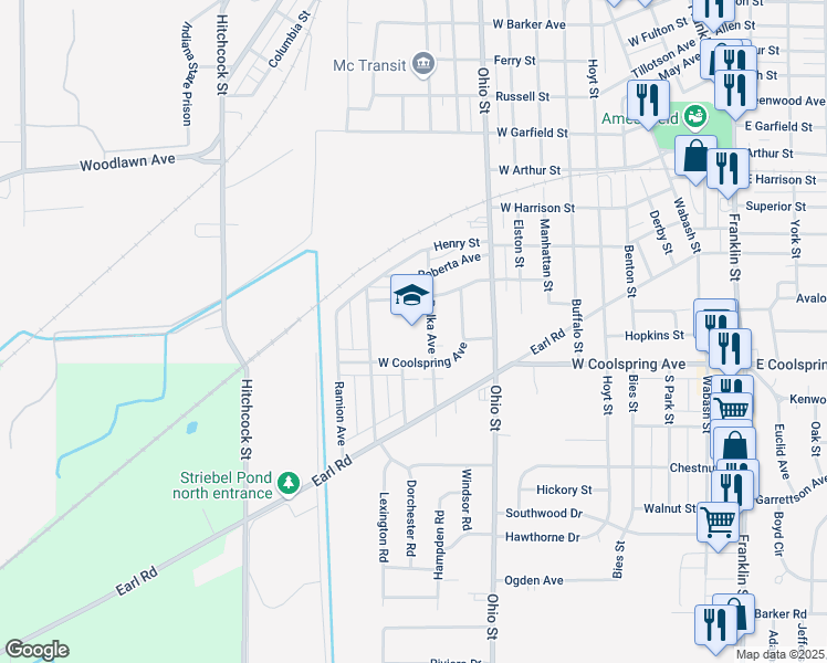 map of restaurants, bars, coffee shops, grocery stores, and more near 321 Bolka Avenue in Michigan City