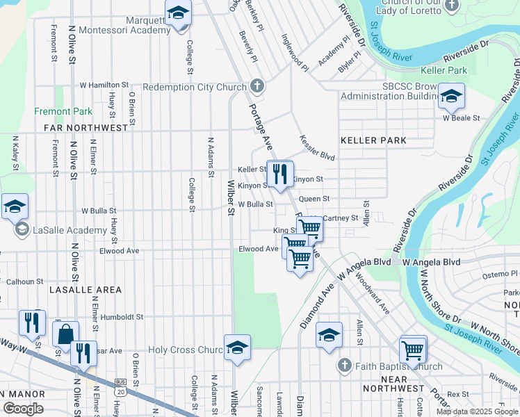 map of restaurants, bars, coffee shops, grocery stores, and more near 1526 West Bulla Street in South Bend