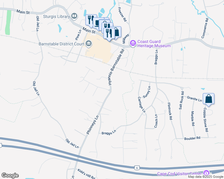 map of restaurants, bars, coffee shops, grocery stores, and more near 1606 Hyannis-Barnstable Road in Barnstable