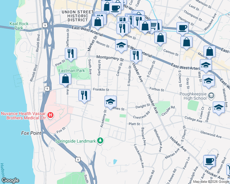map of restaurants, bars, coffee shops, grocery stores, and more near 120 Franklin Street in Poughkeepsie