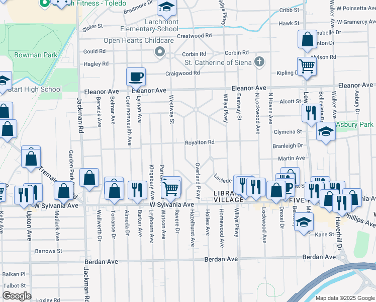 map of restaurants, bars, coffee shops, grocery stores, and more near 4220 Birchall Road in Toledo