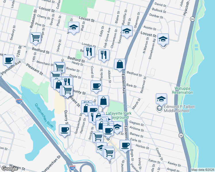map of restaurants, bars, coffee shops, grocery stores, and more near 168 Albion Street in Fall River