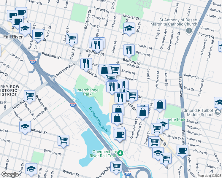 map of restaurants, bars, coffee shops, grocery stores, and more near 879 Pleasant Street in Fall River
