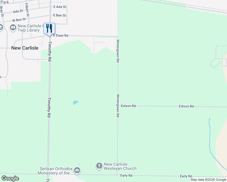 map of restaurants, bars, coffee shops, grocery stores, and more near 54501-54957 Wintergreen Road in New Carlisle