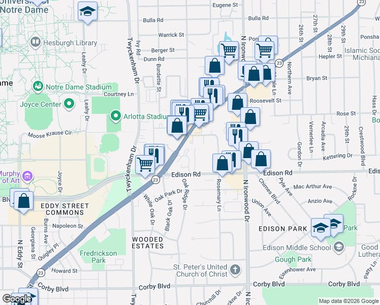 map of restaurants, bars, coffee shops, grocery stores, and more near 1426 North Oakhill Drive in South Bend