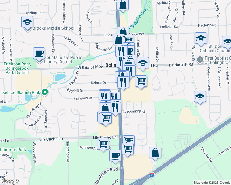 map of restaurants, bars, coffee shops, grocery stores, and more near 105 Fairwood Drive in Bolingbrook
