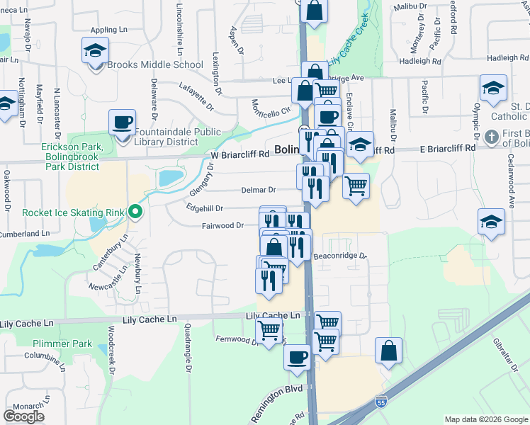 map of restaurants, bars, coffee shops, grocery stores, and more near 108 Fairwood Drive in Bolingbrook