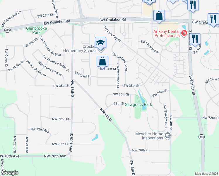 map of restaurants, bars, coffee shops, grocery stores, and more near 2510 Southwest 36th Street in Ankeny
