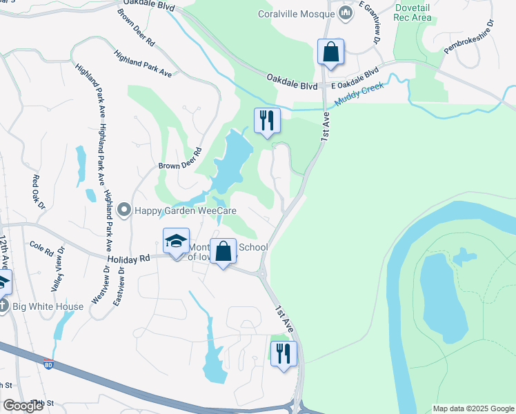 map of restaurants, bars, coffee shops, grocery stores, and more near 1512 1st Avenue in Coralville