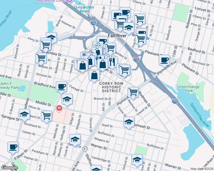 map of restaurants, bars, coffee shops, grocery stores, and more near 380 4th Street in Fall River