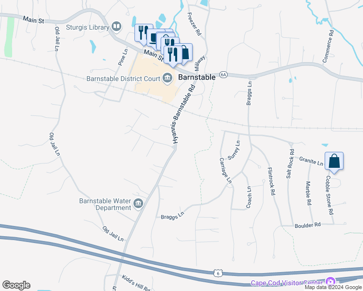 map of restaurants, bars, coffee shops, grocery stores, and more near 1606 Hyannis-Barnstable Road in Barnstable