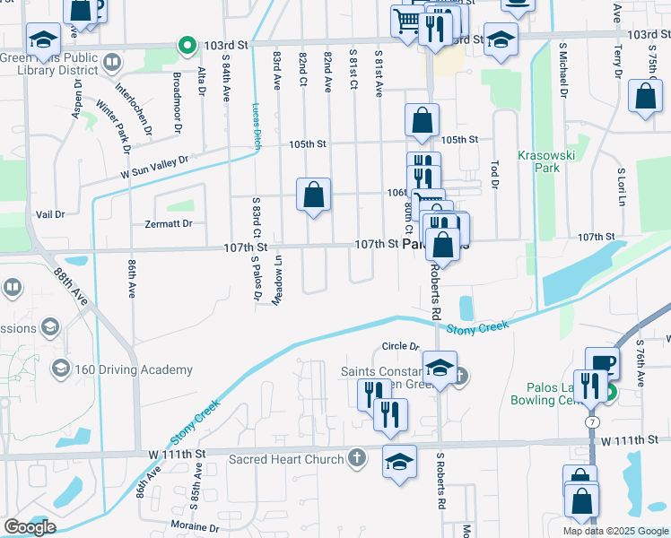 map of restaurants, bars, coffee shops, grocery stores, and more near 10733 East Olympia Circle in Palos Hills