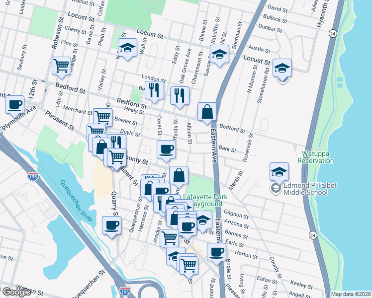 map of restaurants, bars, coffee shops, grocery stores, and more near 168 Albion Street in Fall River