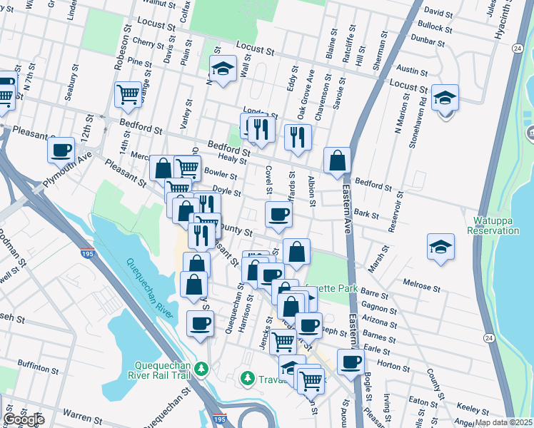 map of restaurants, bars, coffee shops, grocery stores, and more near 205 Covel Street in Fall River