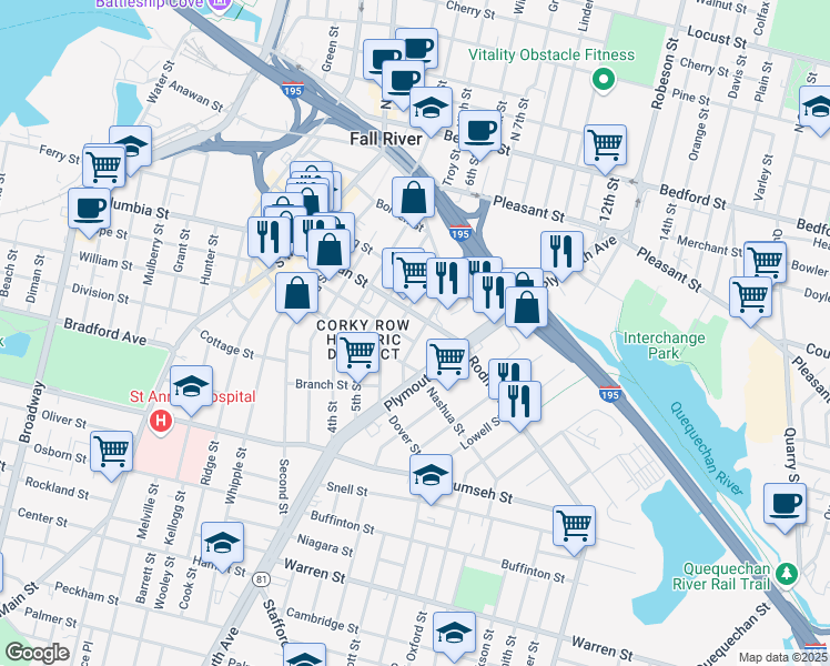 map of restaurants, bars, coffee shops, grocery stores, and more near 321 Wade Street in Fall River