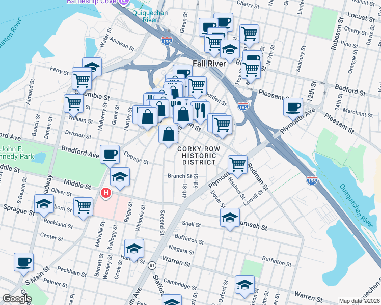 map of restaurants, bars, coffee shops, grocery stores, and more near 380 4th Street in Fall River