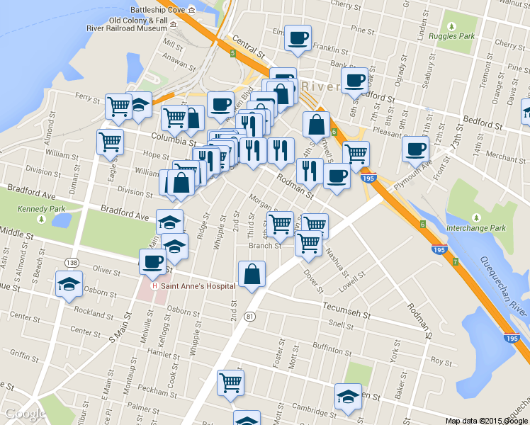map of restaurants, bars, coffee shops, grocery stores, and more near 380 4th Street in Fall River