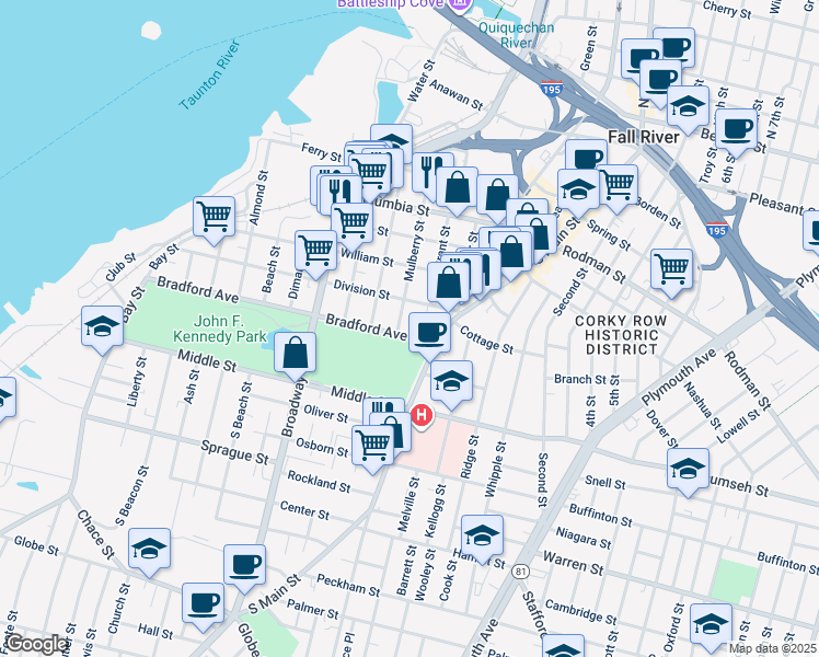 map of restaurants, bars, coffee shops, grocery stores, and more near 566 Bradford Avenue in Fall River