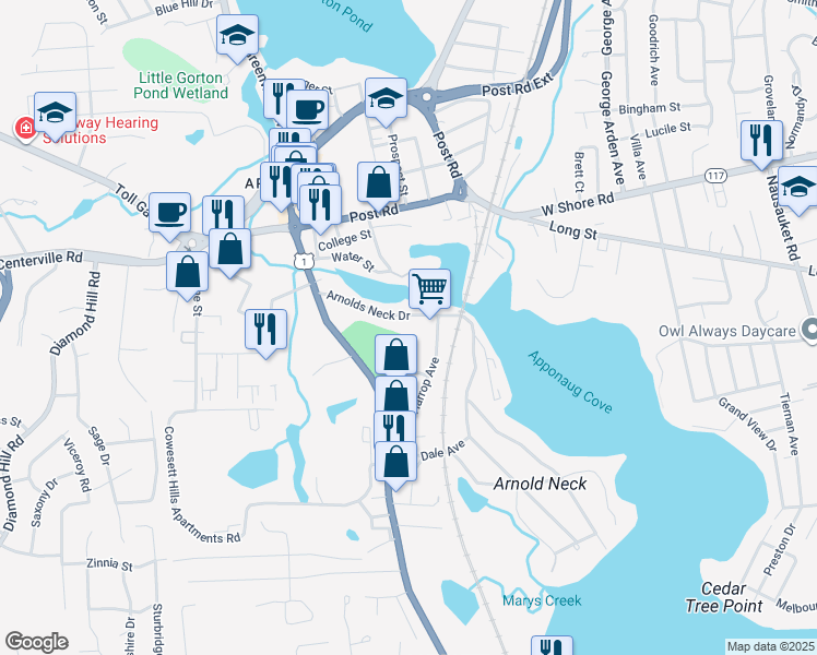 map of restaurants, bars, coffee shops, grocery stores, and more near 376 Arnolds Neck Drive in Warwick