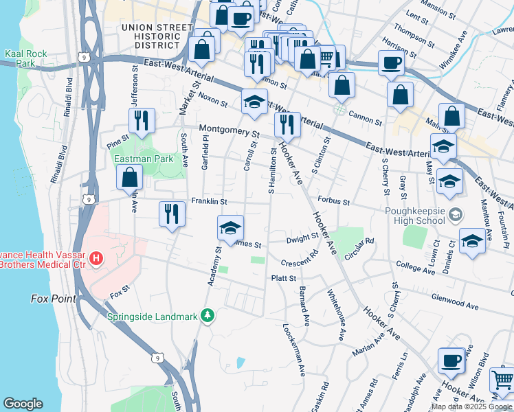 map of restaurants, bars, coffee shops, grocery stores, and more near 101 South Hamilton Street in Poughkeepsie