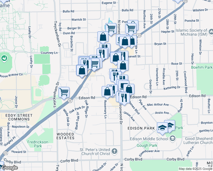 map of restaurants, bars, coffee shops, grocery stores, and more near 1564 Rosemary Lane in South Bend