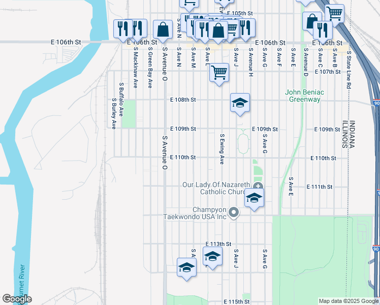 map of restaurants, bars, coffee shops, grocery stores, and more near 10959 South Avenue North in Chicago