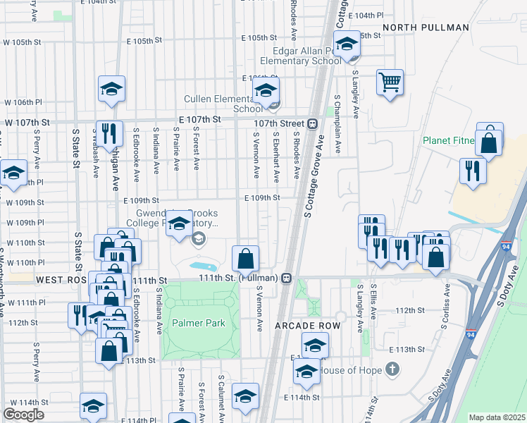 map of restaurants, bars, coffee shops, grocery stores, and more near 10931 South Vernon Avenue in Chicago