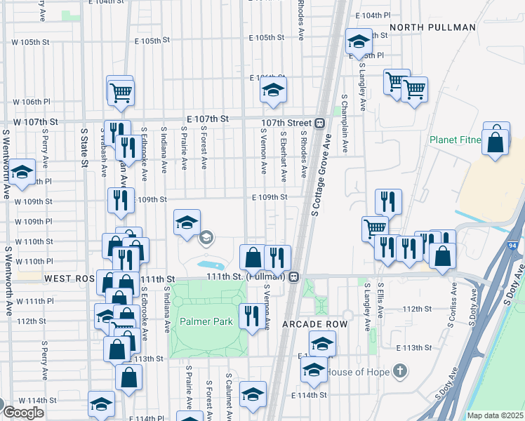 map of restaurants, bars, coffee shops, grocery stores, and more near 10931 South Vernon Avenue in Chicago