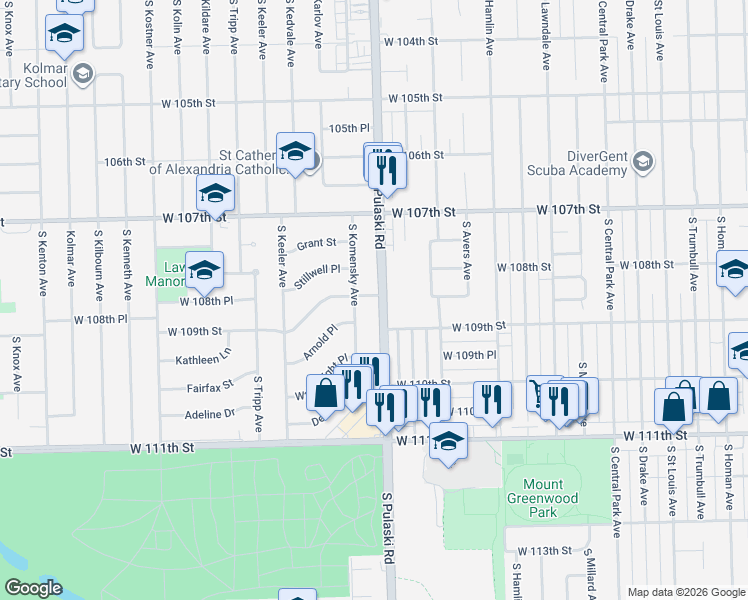 map of restaurants, bars, coffee shops, grocery stores, and more near 10837 South Komensky Avenue in Oak Lawn
