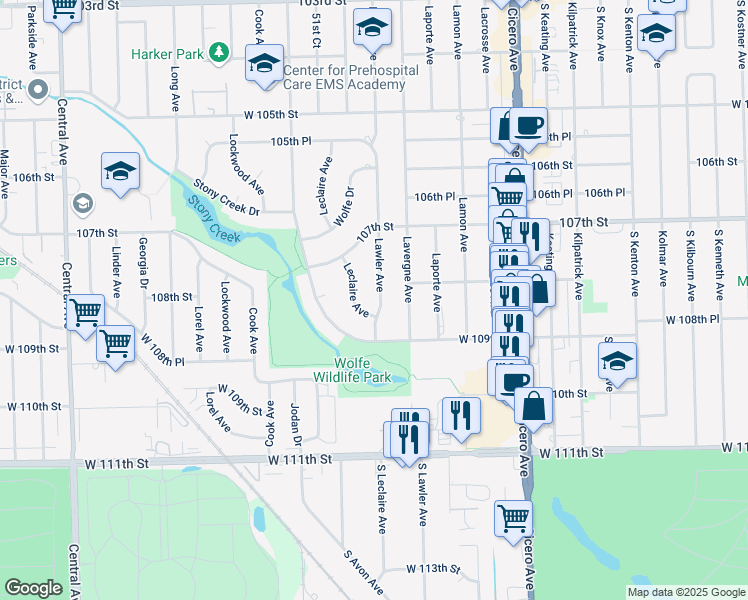 map of restaurants, bars, coffee shops, grocery stores, and more near 10814 Leclaire Avenue in Oak Lawn
