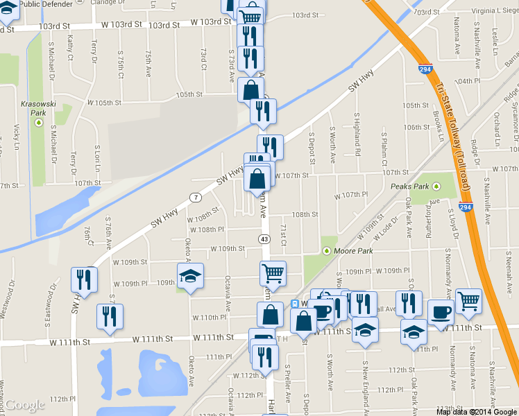map of restaurants, bars, coffee shops, grocery stores, and more near 10756 South Harlem Avenue in Worth
