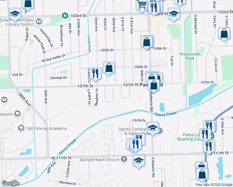 map of restaurants, bars, coffee shops, grocery stores, and more near 10733 East Olympia Circle in Palos Hills