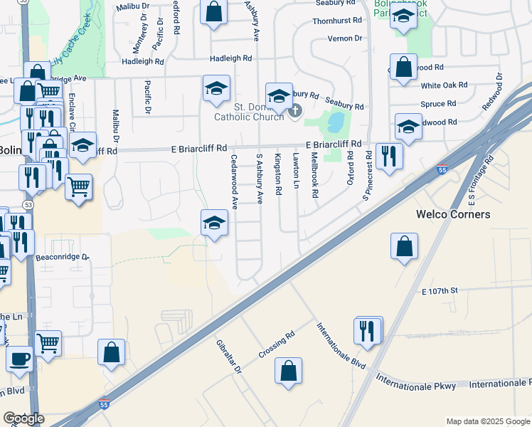 map of restaurants, bars, coffee shops, grocery stores, and more near 160 South Ashbury Avenue in Bolingbrook