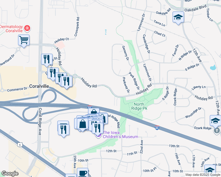 map of restaurants, bars, coffee shops, grocery stores, and more near 2275 Holiday Road in Coralville