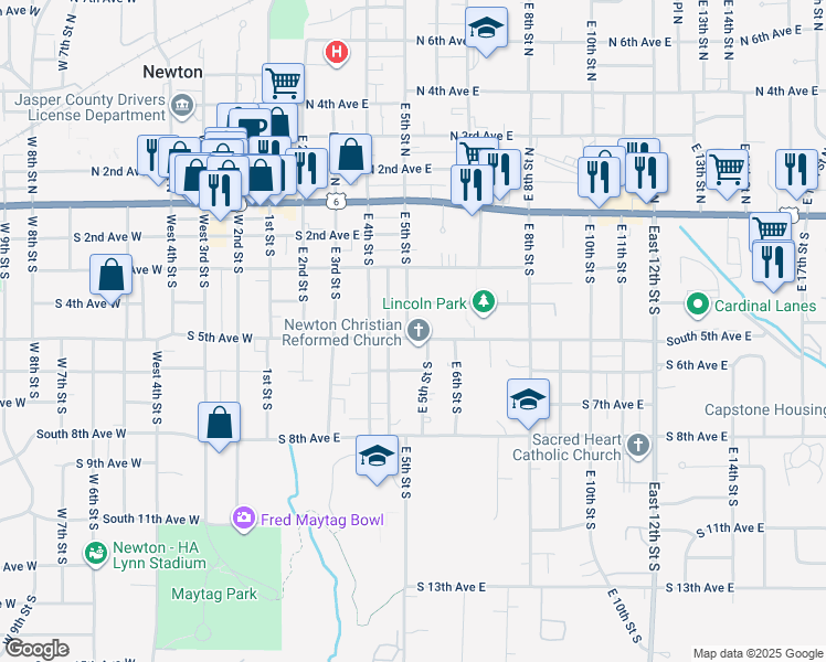map of restaurants, bars, coffee shops, grocery stores, and more near 511 South 5th Avenue East in Newton