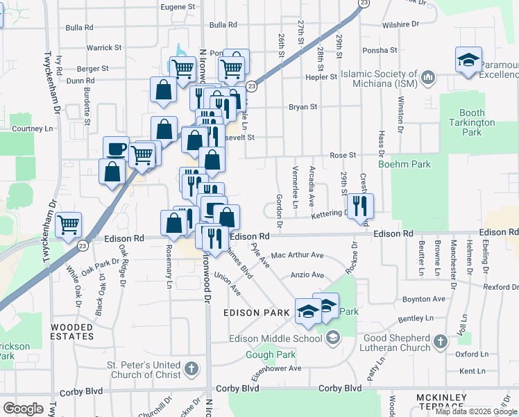 map of restaurants, bars, coffee shops, grocery stores, and more near 2511 Gordon Circle in South Bend