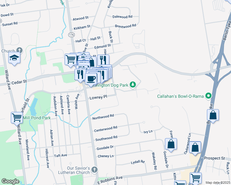 map of restaurants, bars, coffee shops, grocery stores, and more near 215 Lowrey Place in Newington