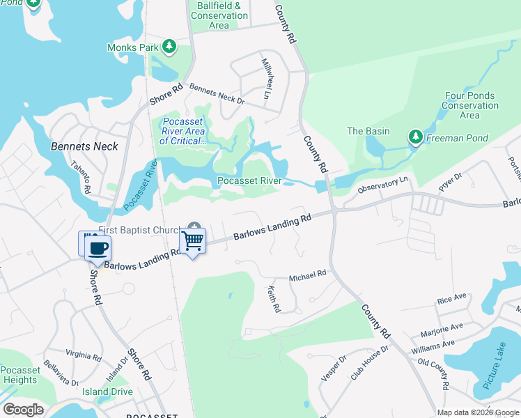 map of restaurants, bars, coffee shops, grocery stores, and more near 2 Ellen Lane in Bourne