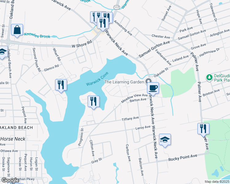 map of restaurants, bars, coffee shops, grocery stores, and more near 23 Warren Avenue in Warwick