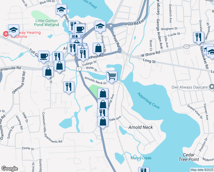 map of restaurants, bars, coffee shops, grocery stores, and more near 376 Arnolds Neck Dr in Warwick
