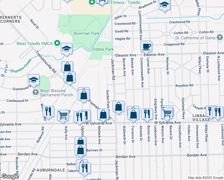 map of restaurants, bars, coffee shops, grocery stores, and more near 4205 Garden Park Drive in Toledo