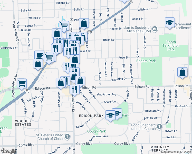 map of restaurants, bars, coffee shops, grocery stores, and more near 2511 Gordon Circle in South Bend