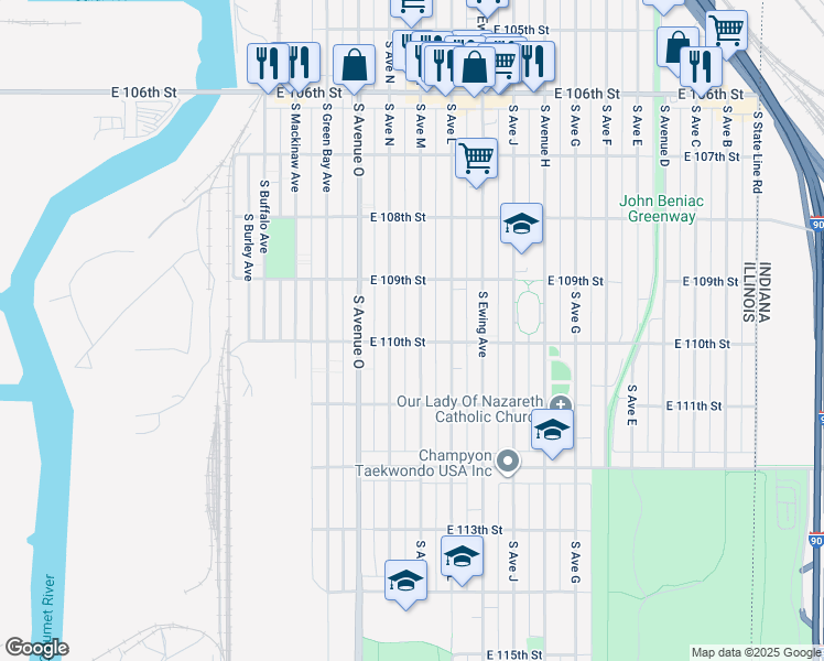 map of restaurants, bars, coffee shops, grocery stores, and more near 10959 South Avenue North in Chicago