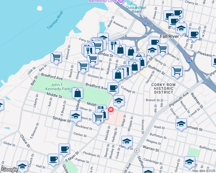 map of restaurants, bars, coffee shops, grocery stores, and more near 566 Bradford Avenue in Fall River
