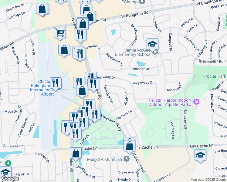 map of restaurants, bars, coffee shops, grocery stores, and more near 165 Farm Gate Lane in Bolingbrook