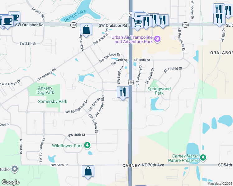 map of restaurants, bars, coffee shops, grocery stores, and more near 216 Southwest 36th Lane in Ankeny