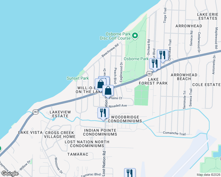 map of restaurants, bars, coffee shops, grocery stores, and more near Lakeshore Boulevard in Willoughby