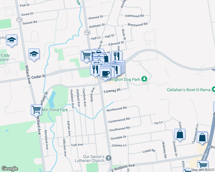 map of restaurants, bars, coffee shops, grocery stores, and more near 1170 Main Street in Newington